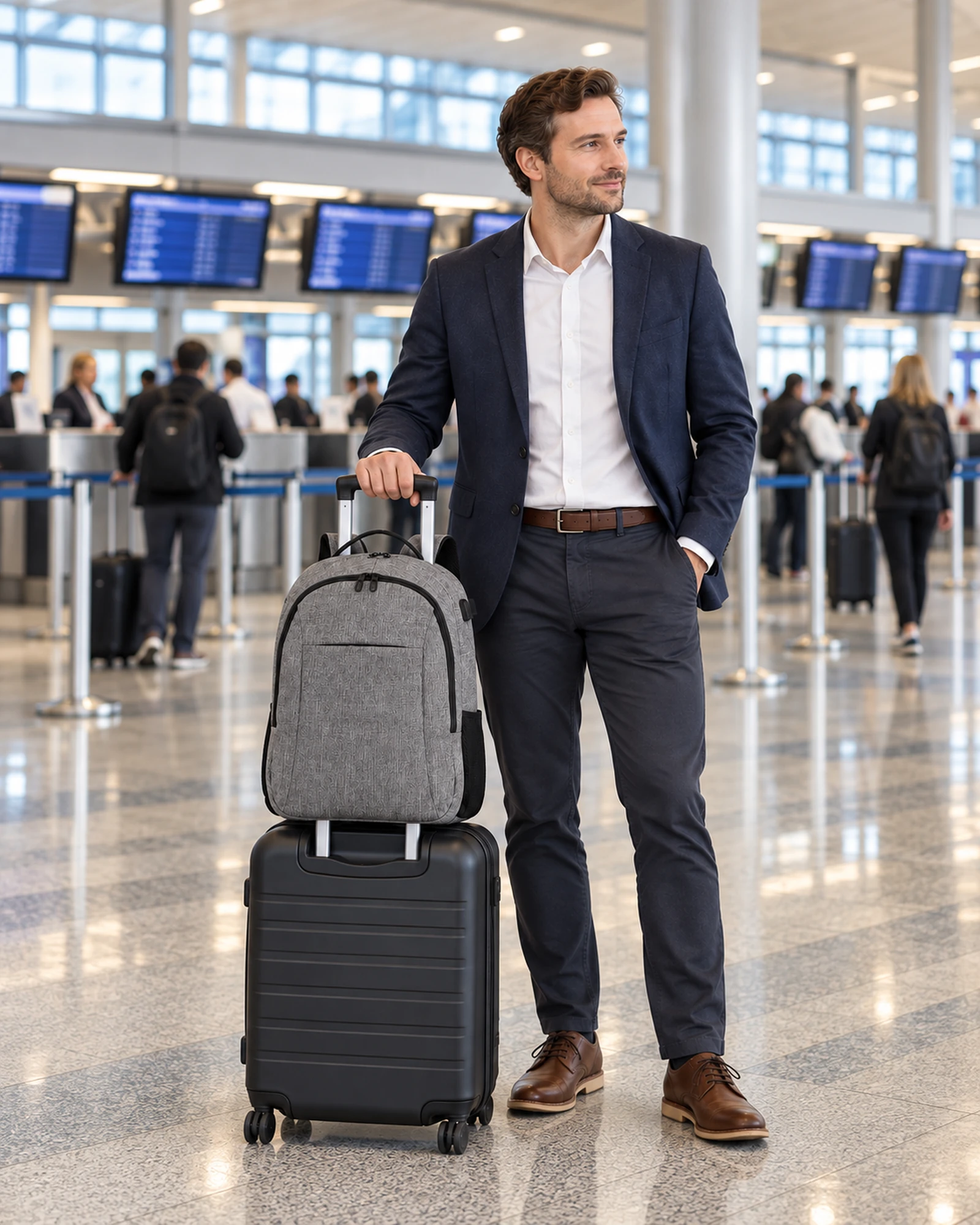 Traveler using the WGX-082 backpack at an airport
