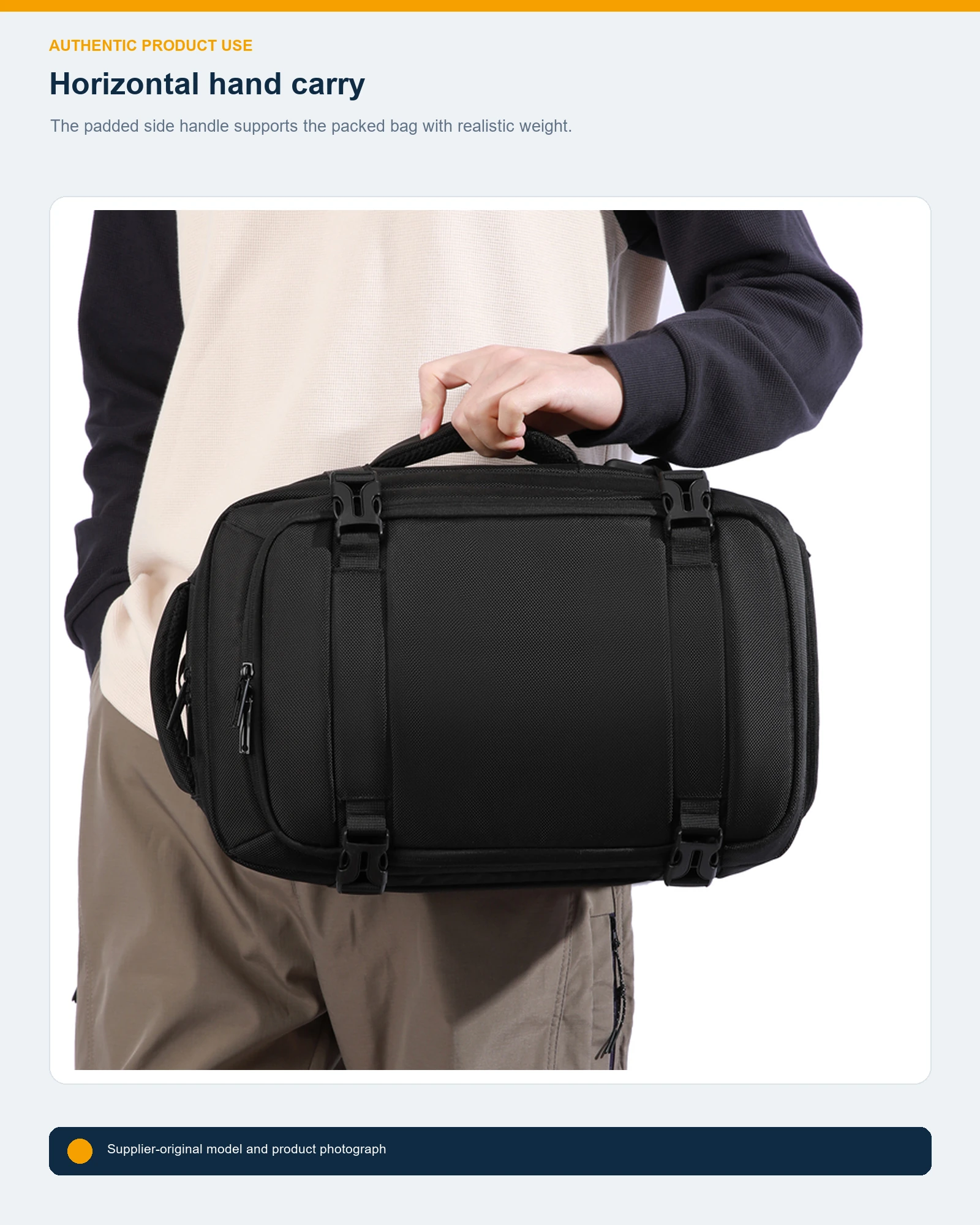 WGX-1922 convertible travel backpack carried by the side handle