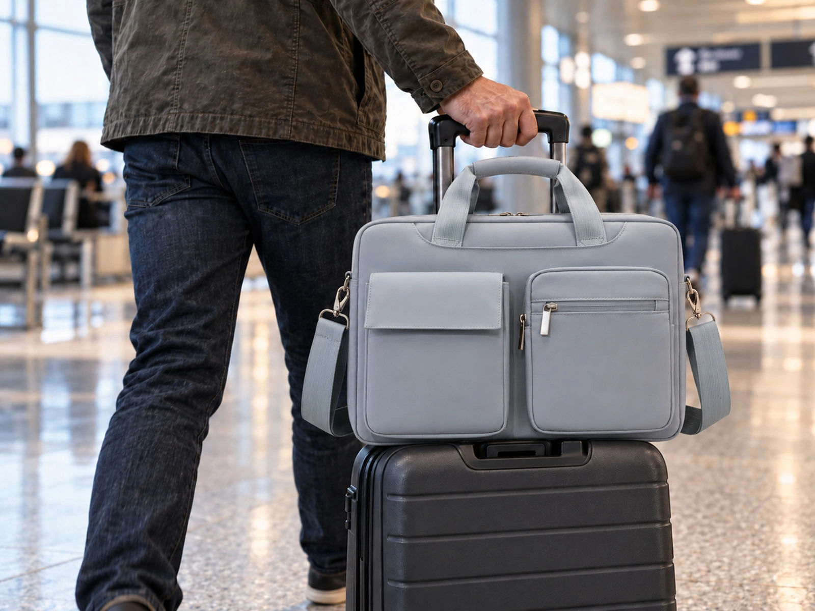 WGX-2521 briefcase secured to rolling luggage with the rear trolley sleeve