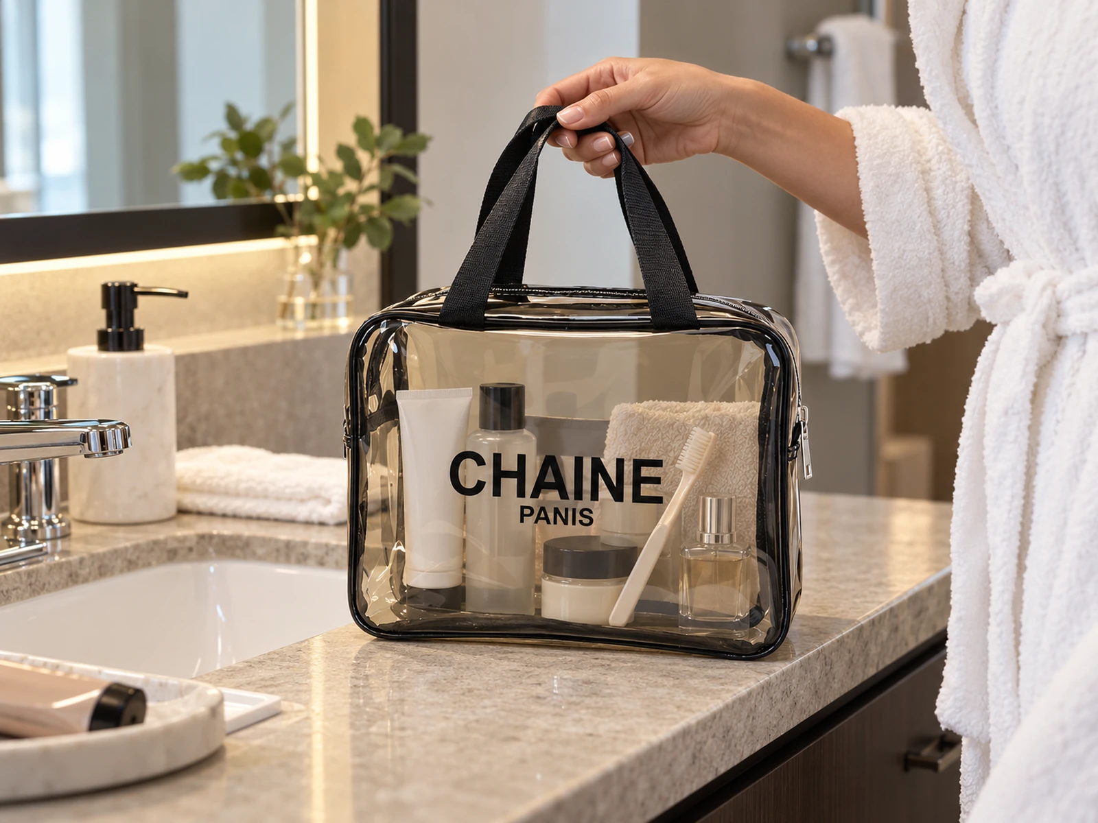 WGX-5006 square tote in a hotel bathroom