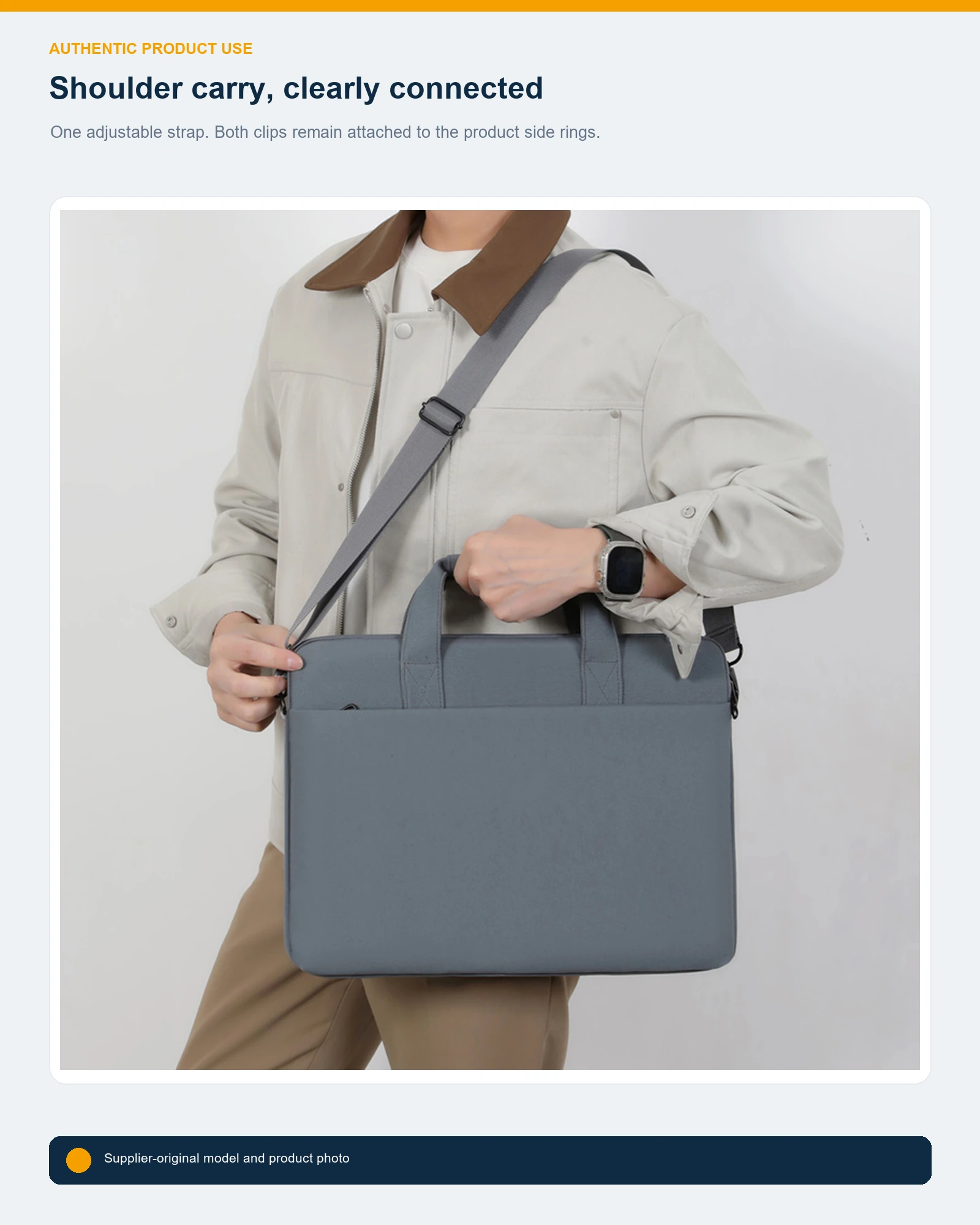WGX-730 laptop briefcase worn with the detachable shoulder strap