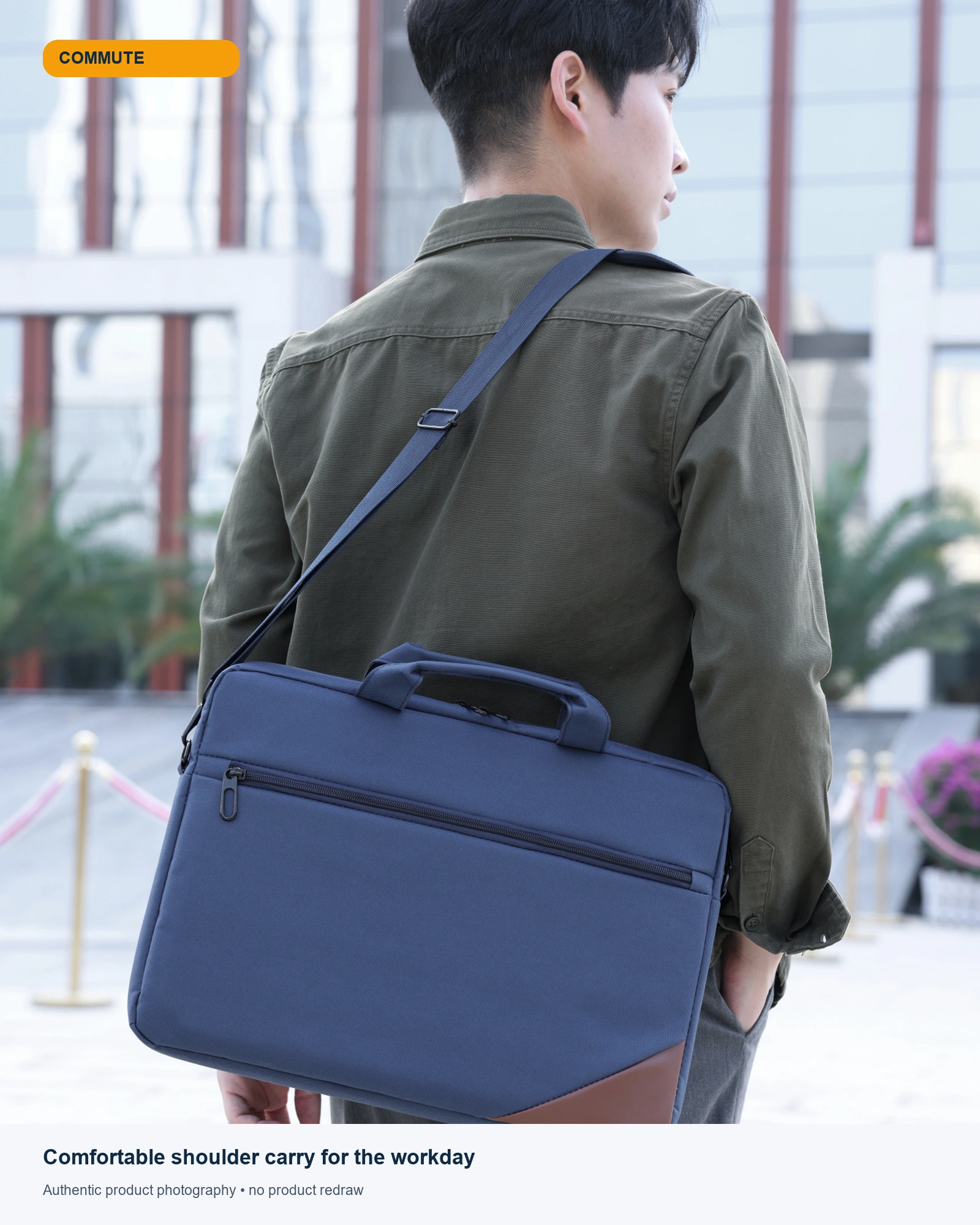 Commuter carrying the navy WGX-H9907 laptop briefcase